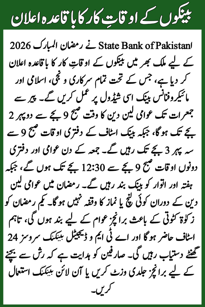 State Bank of Pakistan Ramadan Timing